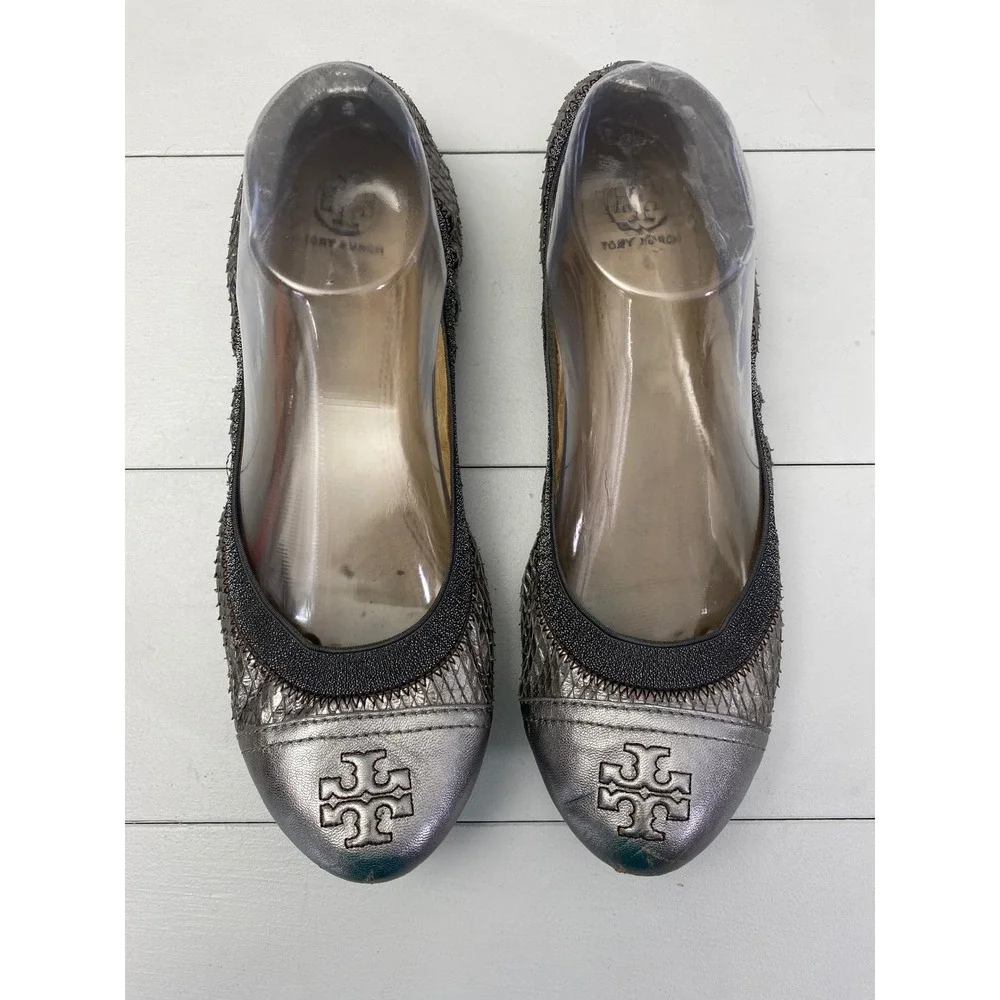 Tory Burch Metallic Silver Snakeskin Ballet Flats Women Size 10.5 M Logo Cap Toe